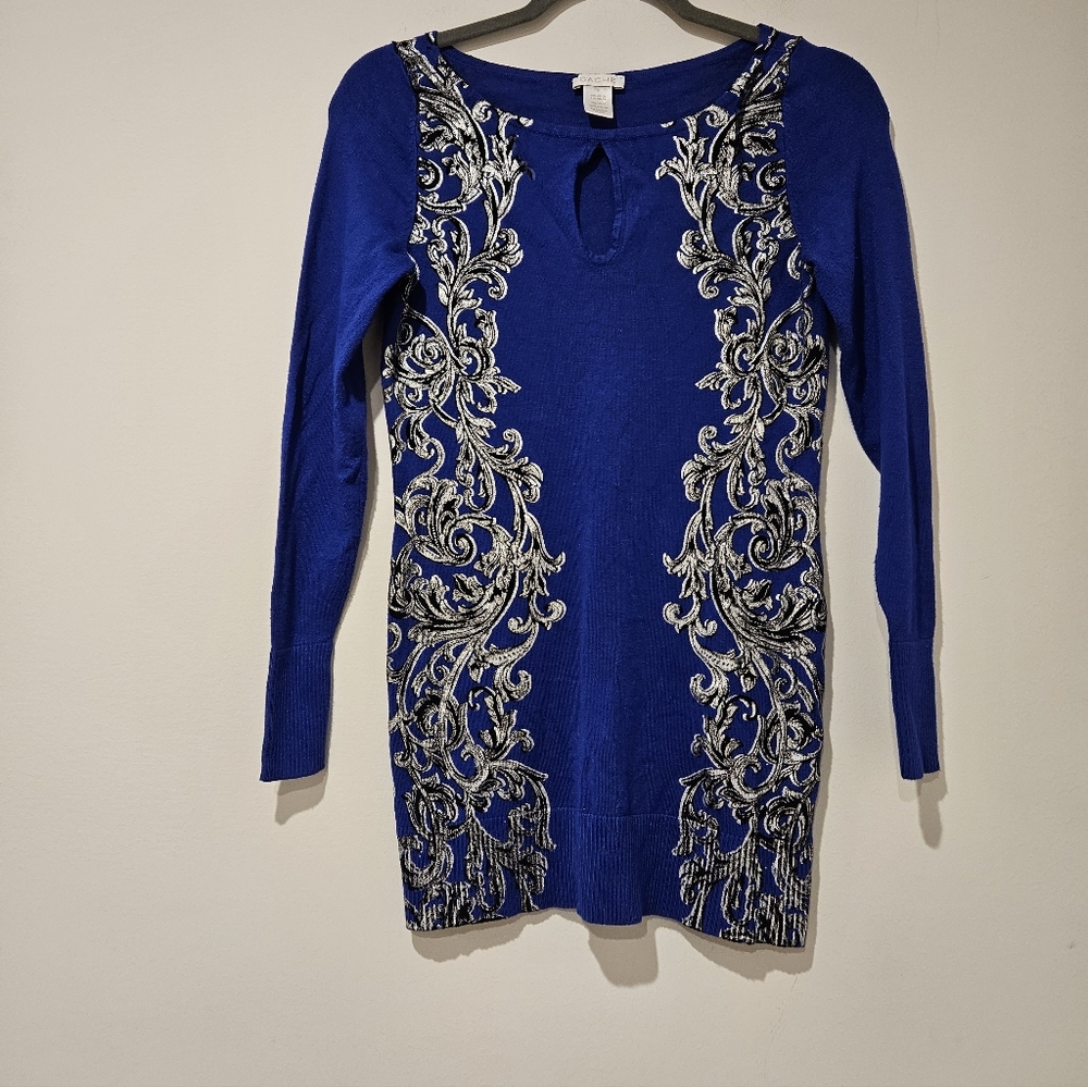 Cache Elegant Blue Sweater with Silver Detailing, Size Small